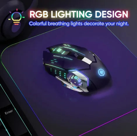RGB Gaming Mouse With Mousepad - 7 Light Breathing Colours In Mouse & Red Medium Size Mouse Pad All Sides Stitched - USB Wired Gaming Mouse For PC & Laptop - No Side Button - Black