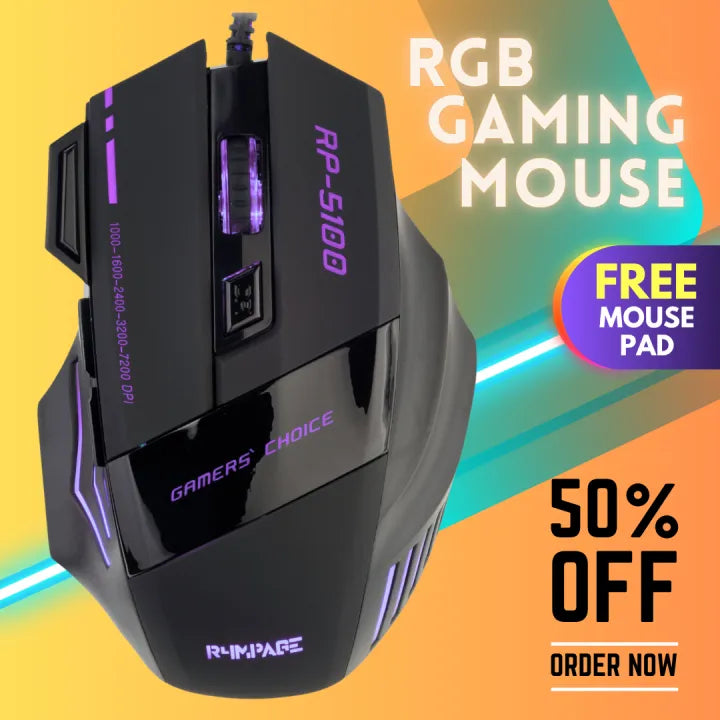 7 Buttons RGB PRO Gaming Mouse with 3200dpi - Breathing LED USB Wired Optical Computer Mouse with 7 Buttons & Braided Wire including Side Buttons with FREE Mouse Pad.