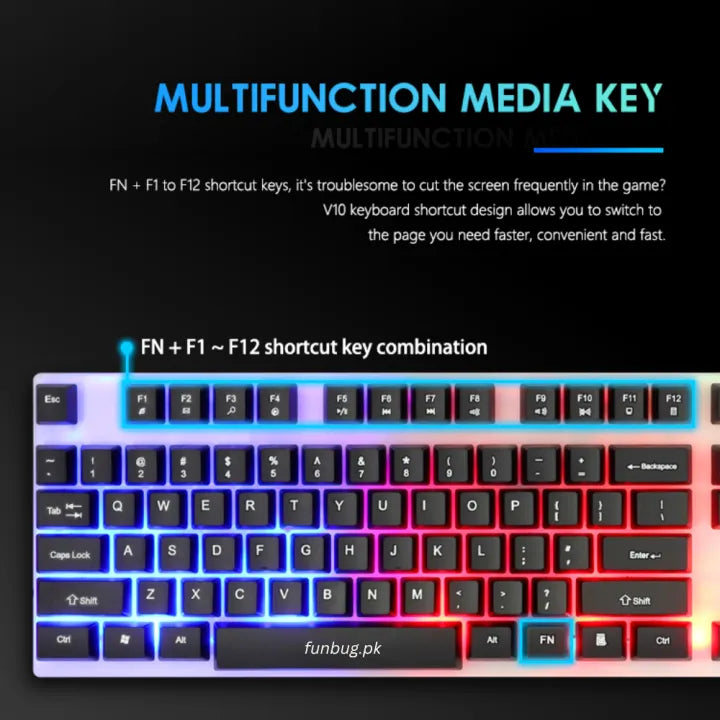 FunBug RGB Gaming Keyboard – Mechanical Feel Keyboard with FN Shortcuts, Waterproof Design, Rainbow Backlight – Gaming Key Board in Pakistan