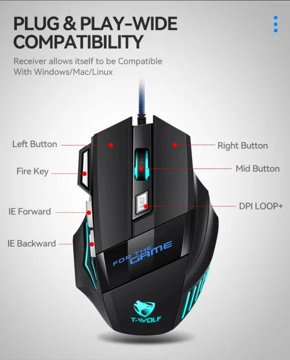 7 Buttons RGB PRO Gaming Mouse with 3200dpi - Breathing LED USB Wired Optical Computer Mouse with 7 Buttons & Braided Wire including Side Buttons with FREE Mouse Pad.
