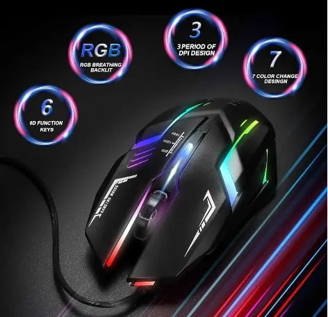 RGB Gaming Mouse With Mousepad - 7 Light Breathing Colours In Mouse & Red Medium Size Mouse Pad All Sides Stitched - USB Wired Gaming Mouse For PC & Laptop - No Side Button - Black
