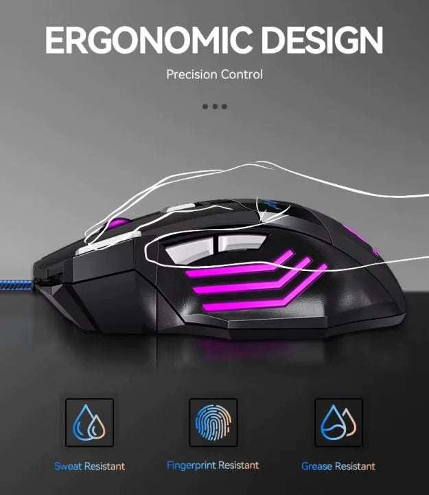 7 Buttons RGB PRO Gaming Mouse with 3200dpi - Breathing LED USB Wired Optical Computer Mouse with 7 Buttons & Braided Wire including Side Buttons with FREE Mouse Pad.