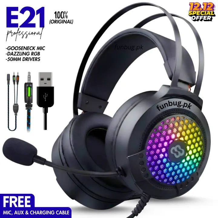 FunBug Pro Gaming Headset with RGB Lights, Noise Cancelling Mic, USB/3.5mm Plug - Comfortable Ear Cushions, On-Headset Audio Control, New