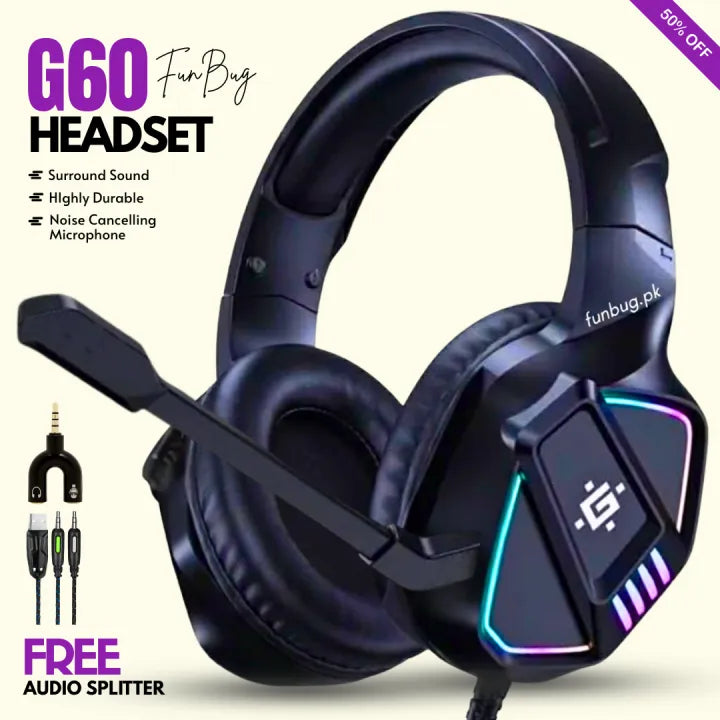 FunBug Pro Gaming Headset with RGB Lights, Noise Cancelling Mic, USB/3.5mm Plug - Comfortable Ear Cushions, On-Headset Audio Control, New
