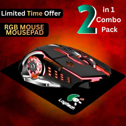 RGB Gaming Mouse With Mousepad - 7 Light Breathing Colours In Mouse & Red Medium Size Mouse Pad All Sides Stitched - USB Wired Gaming Mouse For PC & Laptop - No Side Button - Black